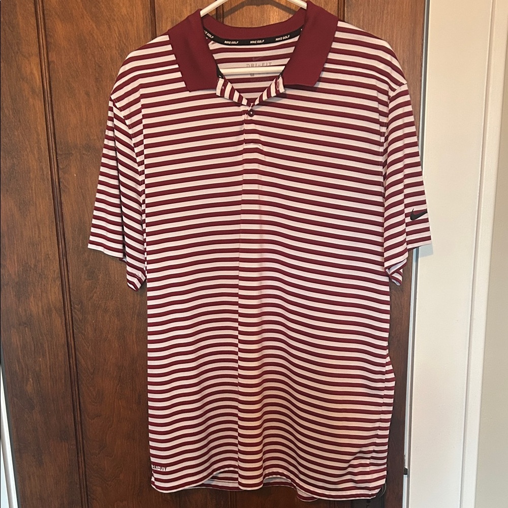 Nike Maroon and White Striped Polo Shirt